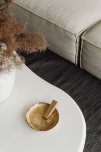 Kaboompics - Palo Santo in a Mother-of-Pearl Bowl with Dried Pampas on a White Coffee Table