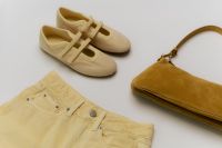 Kaboompics - Yellow Shorts, Flats and Mustard Handbag Flat Lay
