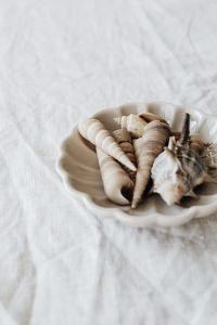 Kaboompics - Cropped Seashell Bowl on Rumpled White Linen, Minimal Coastal Copy Space