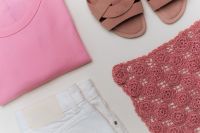 Kaboompics - Pink T-Shirt, White Shorts and Crochet Accessories Flat Lay