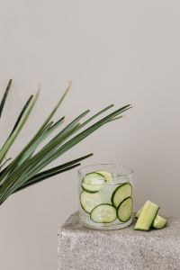 Kaboompics - Cucumber and Lime Detox Water with Palm Fronds and Citrus Wedge, Vertical Summer Drink Background with Copy Space