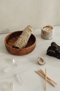 Kaboompics - Overhead Smudging Bowls With Crystals And Wooden Matchsticks