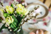 Kaboompics - Easter table with cute pink decorations, flowers, catkins and eggs