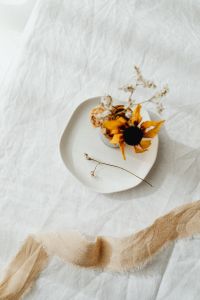 Kaboompics - Dried Sunflower and Delicate Stems on a Ceramic Plate for Neutral Decor