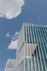Modern white building, EDP Headquarters of architect Aires Mateus, Lisbon, Portugal