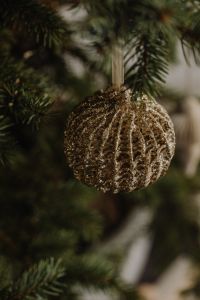 Kaboompics - Gold Openwork Christmas Ornament on Evergreen Branch, Moody Holiday Background