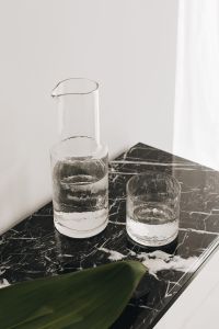 Kaboompics - Glass Carafe and Water Glass on Black Marble with Green Leaf