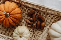 Kaboompics - Orange Pumpkin Acorns and White Pumpkin in a Wicker Tray