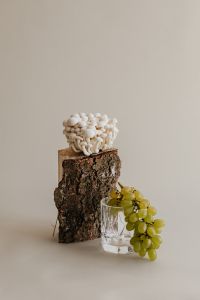 Kaboompics - White Mushroom, Bark and Grapes in Neutral Still Life