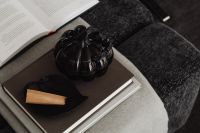 Kaboompics - Black Pumpkin With Book and Wooden Tray