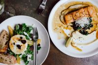 Kaboompics - Healthy Dinner with Bourbon Glazed Salmon and Warm Goat Cheese Salad on Dark Table
