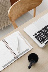 Kaboompics - Overhead Work Planner, Pen, Laptop and Black Coffee for Productivity Planning Content