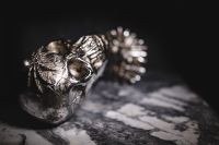 Kaboompics - Angled Silver Skull on Marble with Soft Focus, Halloween Decor