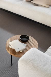 Kaboompics - Beige Sofa and Oak Coffee Table with Book and Black Mug