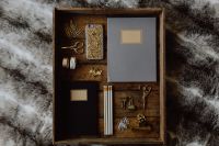 Kaboompics - Office accessories on an old wooden tray