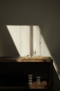 Kaboompics - Moody Dark Wood Shelf Decor with Glass Objects and Dried Flower