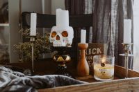 Kaboompics - Halloween Skull Candle Display with Vanilla Candle and Trick or Treat Sign