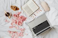 Kaboompics - Cozy Work From Bed Flat Lay with Laptop, Coffee and Croissant