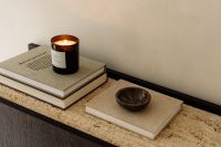 Kaboompics - Black Console with Dome Lamp, Candle and Open Drawer