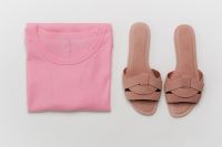 Kaboompics - Pink T-Shirt and Woven Sandals Summer Flat Lay