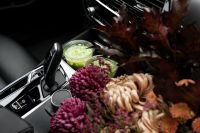 Kaboompics - Matcha Drink and an Autumn Bouquet by a Gear Shift