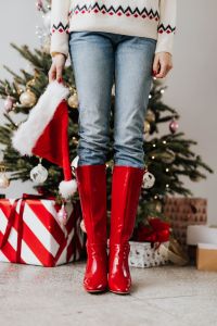 Kaboompics - Red Christmas Boots and Santa Hat in Festive Tree Setting