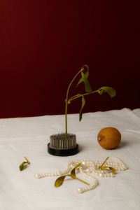 Kaboompics - Wilting Stem on Kenzan Flower Frog with Pearls, Moody Still Life