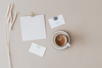 Kaboompics - Paperclip-Held Blank Card, Business Cards and Coffee with Dried Stems