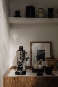 Kaboompics - Cafecore Espresso Station with Shelf and Framed Art