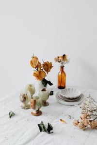 Kaboompics - Neutral Dried Flower Table Styling with Vases and Ceramic Dishware