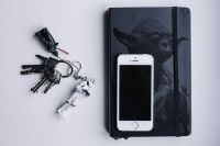 Kaboompics - iPhone, Moleskin notebook, keys, Stormtrooper