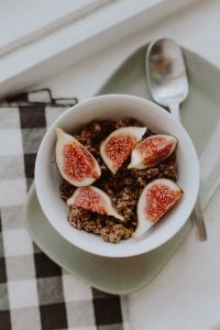 Fig and Granola Breakfast Photography: Crunchy Cereal Bowls, Fresh Fruit and Gingham Table Styling