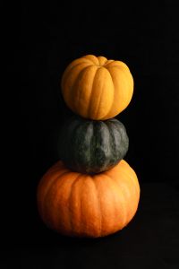 Moody Autumn Fruit and Pumpkin Still Life on Black Background