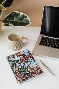 Kaboompics - Laptop, Ceramic Coffee Cup and Floral Notebook beside a Rubber Plant