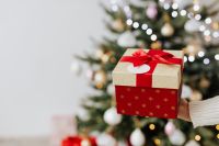 Kaboompics - Hand Holding a Red and Gold Christmas Gift in Front of Tree