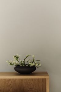 Kaboompics - Black ceramic bowl with white flowers minimalist decor