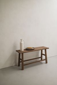 Kaboompics - Minimal Wooden Bench with Ceramic Vase and Body Brush