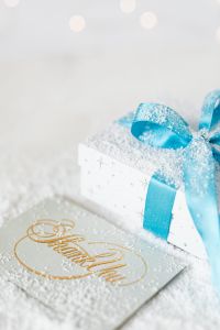 Kaboompics - Frosted Gift Box with Blue Ribbon and Gold Thank You Card, Christmas Flat Lay