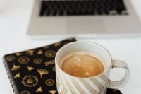Kaboompics - Black 2020 Planner, Coffee and Laptop on a Marble Desk