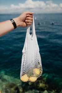 Kaboompics - Hand Holding a Net Bag of Lemons by the Seaside