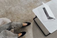 Kaboompics - Gray Jeans, Black Heel and Laptop on Marble Table, Remote Work and Modern Outfit Photography