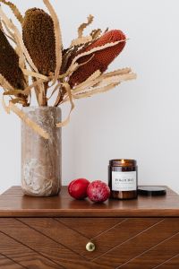 Kaboompics - Dried Foliage, Soy Candle and Plums Styled on Mid-Century Wooden Furniture