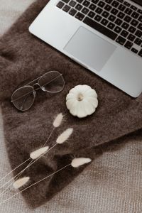 Kaboompics - Laptop, glasses & small white pumpkin