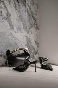 Kaboompics - Black Leather Handbag with Woven Pointed Heels