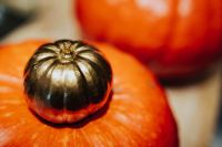 Kaboompics - Metallic Gold Mini Pumpkin on a Large Orange Pumpkin, Autumn Decor Close-Up