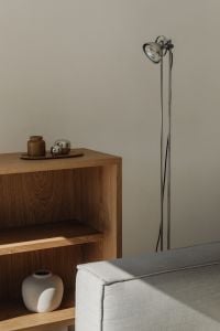 Japandi Living Room with Wooden Bookshelf and Black Ceramic Vase
