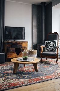 Blue and Wood Living Room Interiors with Vintage Furniture and Decorative Textures