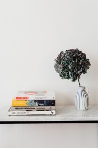 Books and Hydrangea on a Marble Table, Minimalist White Still Life
