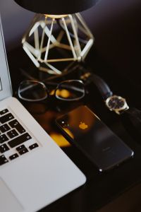 Elegant Black Desk Home Office with Laptop and Gold Accents