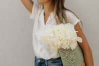 Kaboompics - Woman in White Blouse Carrying White Peonies in Woven Tote